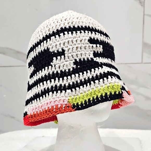 Free People Pixie Crochet Knit Bucket Hat Cream Black Orange Pink Green - Picture 1 of 9